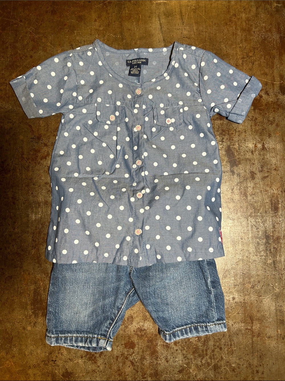 U.S. Polo Assn. Blue Polka Dot Button-Front Girls Top and Denim Shorts Girl’s 2T